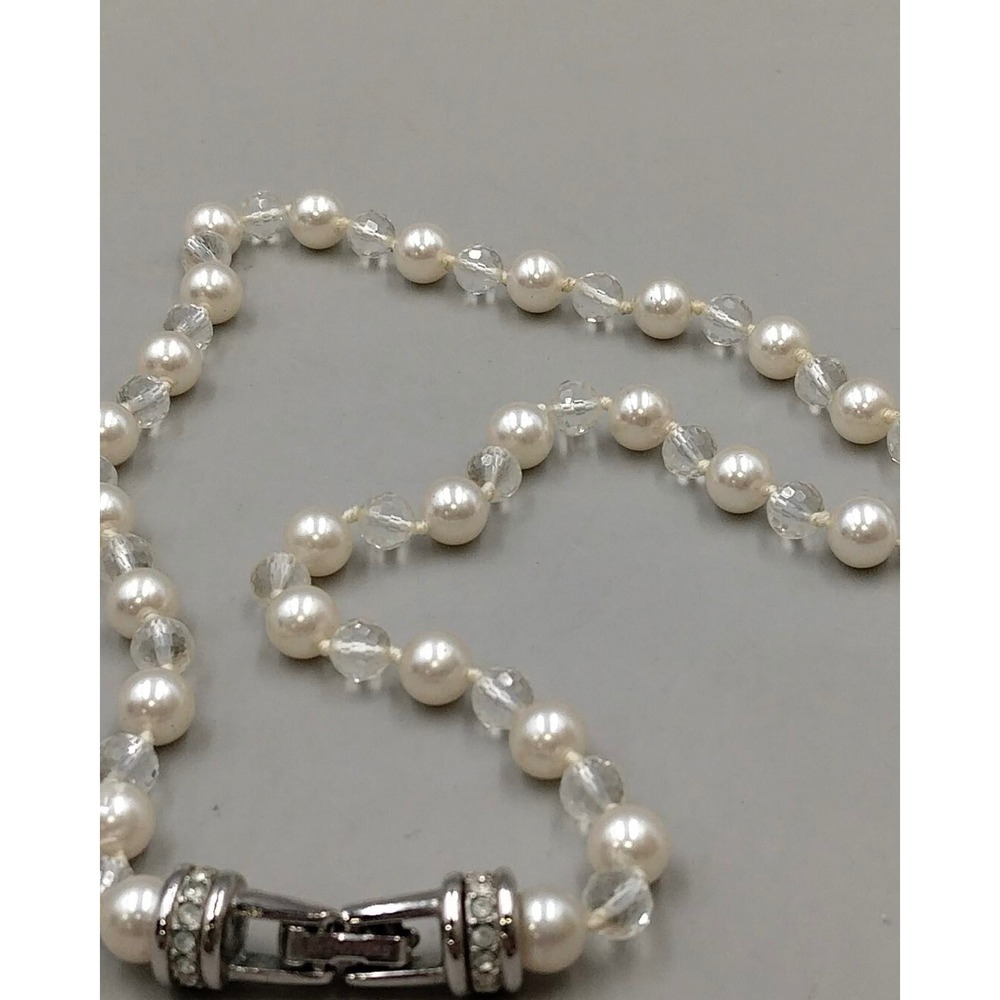 Swarovski Cream Faux Pearl Clear Crystal Beaded Necklace Silver Clasp 18" VTG